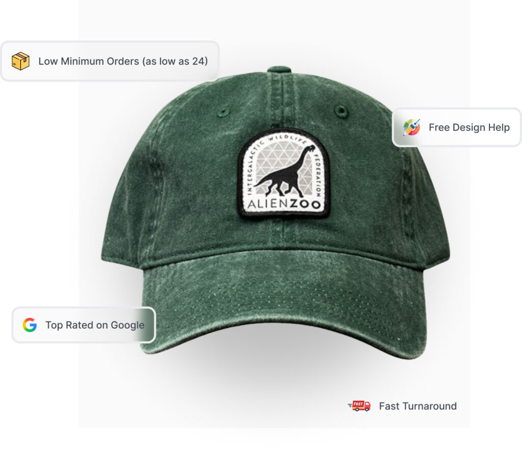 Forest green pigment-dyed custom dad hat with woven patch