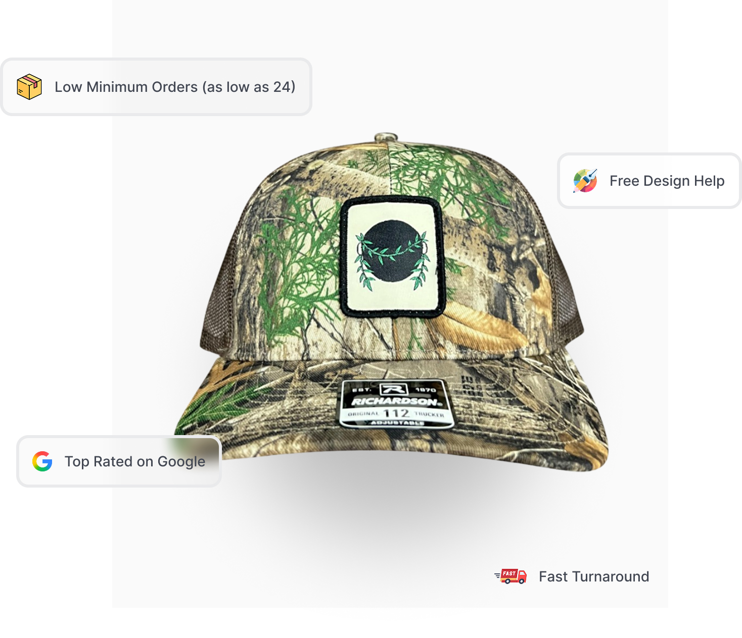Custom camo hats with embroidered and patch logos