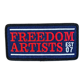 navy rectangle embroidered patch with red block lettering