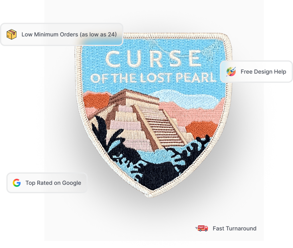 assorted custom embroidered patches with merrow borders in different shapes