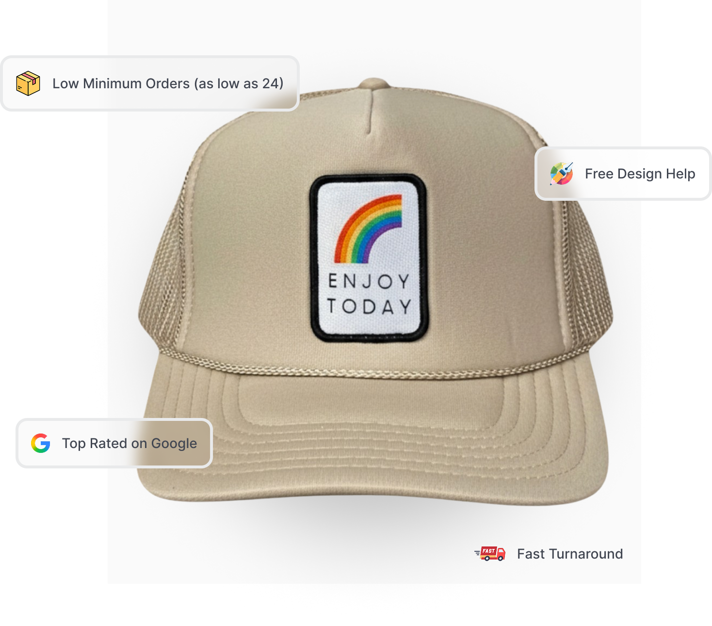 khaki custom trucker hat with printed patch logo