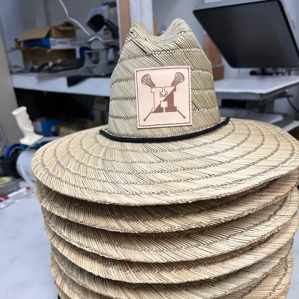 custom straw hats with leather patches