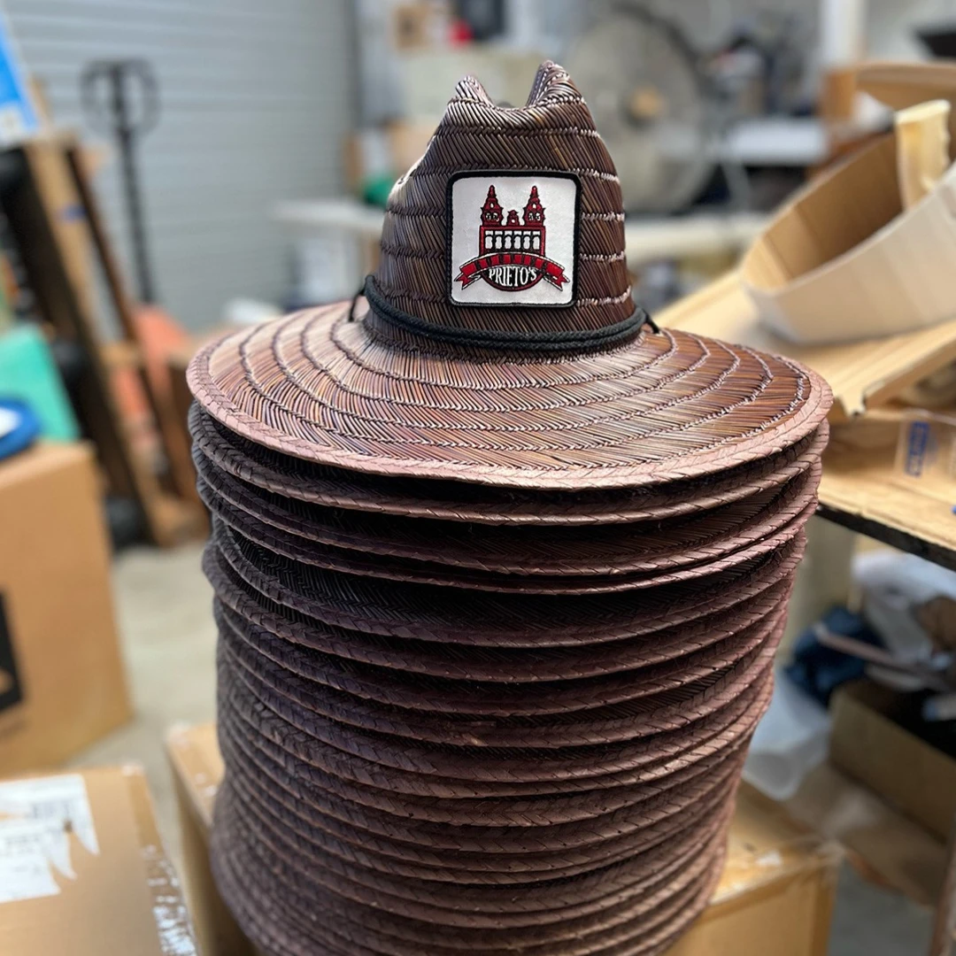 dark brown straw lifeguard hats with patches