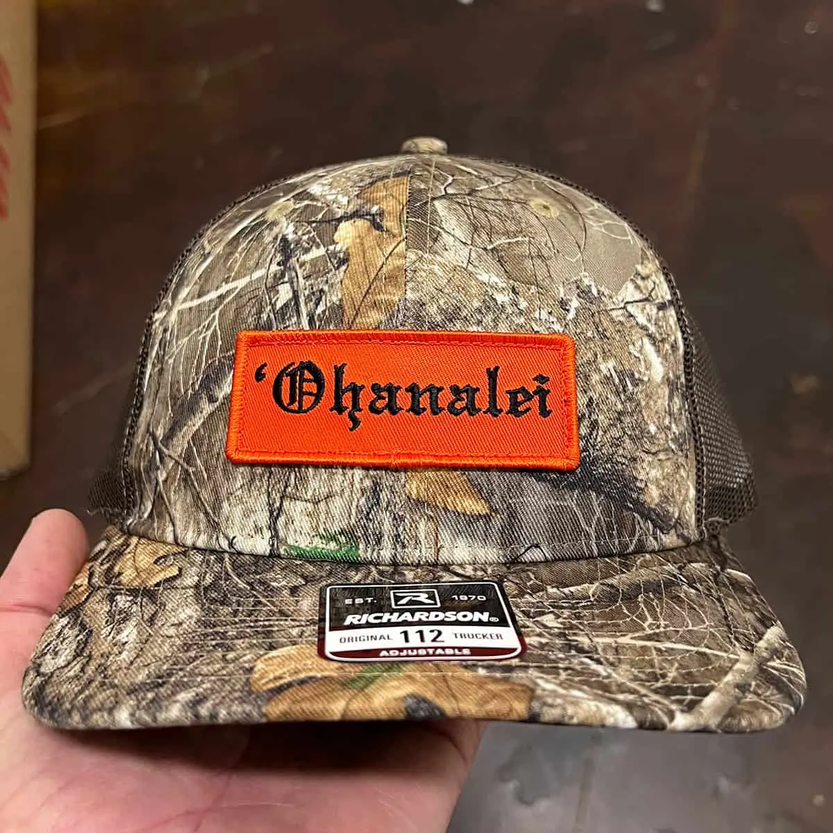Richardson 112P Realtree camo trucker hat with leather patch