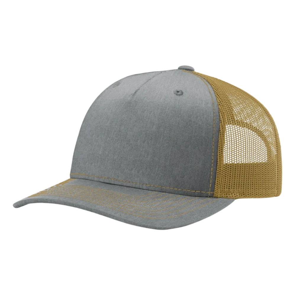 heather grey and gold richardson 112fp five panel trucker hat