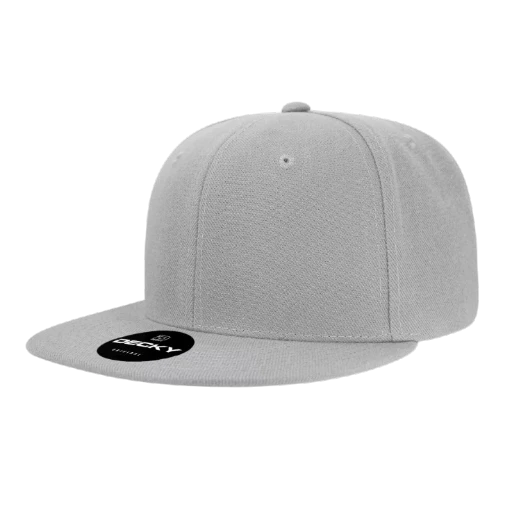 Decky 6020 classic snapback in grey, blank 6-panel flat bill hat for custom patches and embroidery