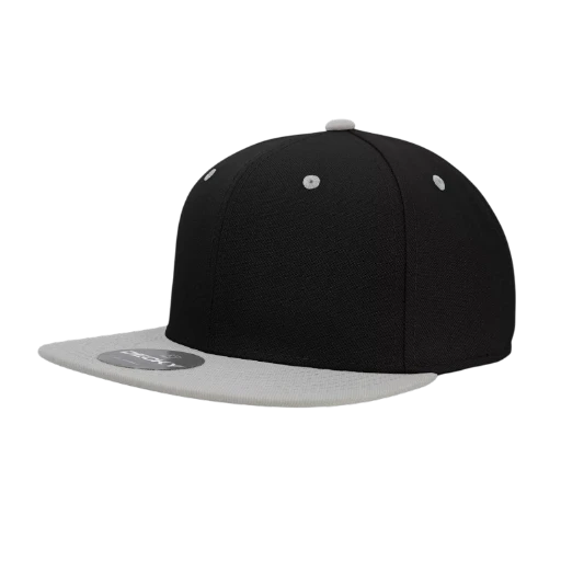 Decky RP1 retro fitted flat bill hat in black, blank 6-panel cap for custom embroidery