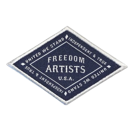 navy diamond woven patch with white lettering and satin stitch border