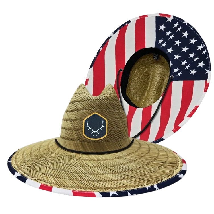 natural straw lifeguard hat with American flag brim trim and patch