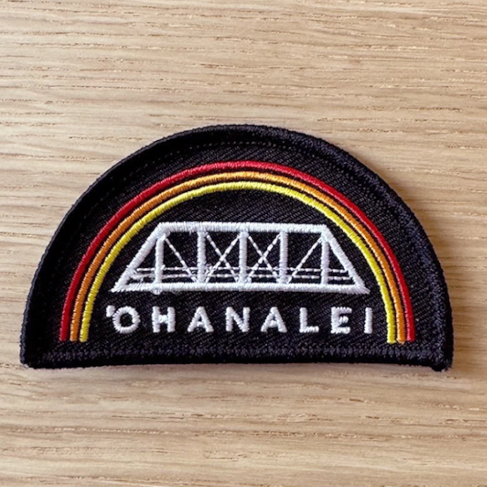 half circle embroidered patch with scenic bridge design