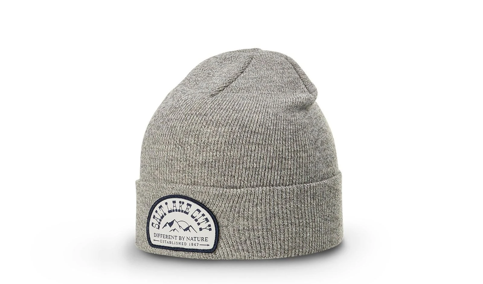 cuffed beanie with custom woven patch sewn on cuff