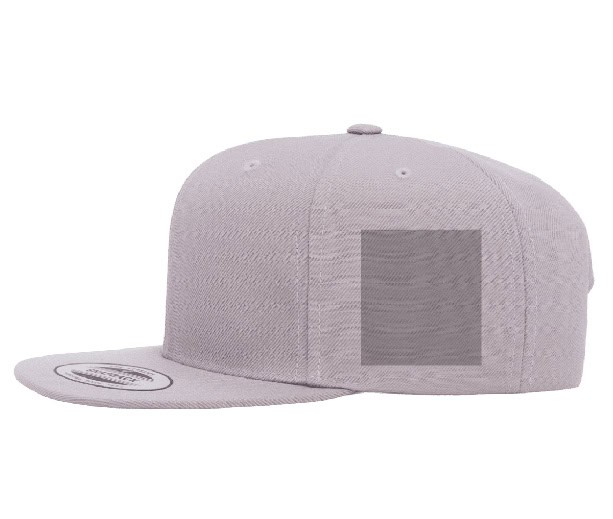 Side panel embroidery placement on a snapback hat
