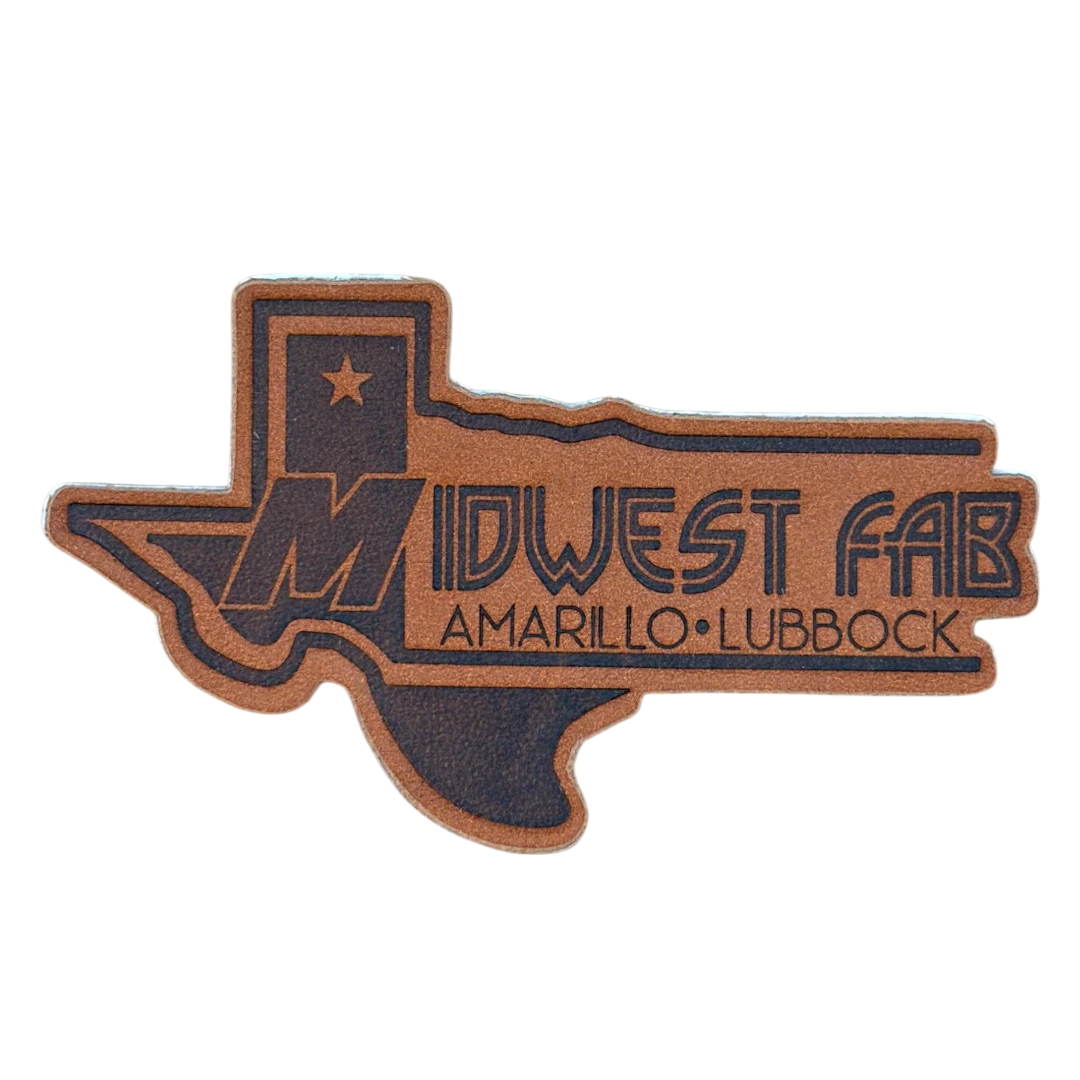 custom shape leather patch cut in Texas outline with engraved logo