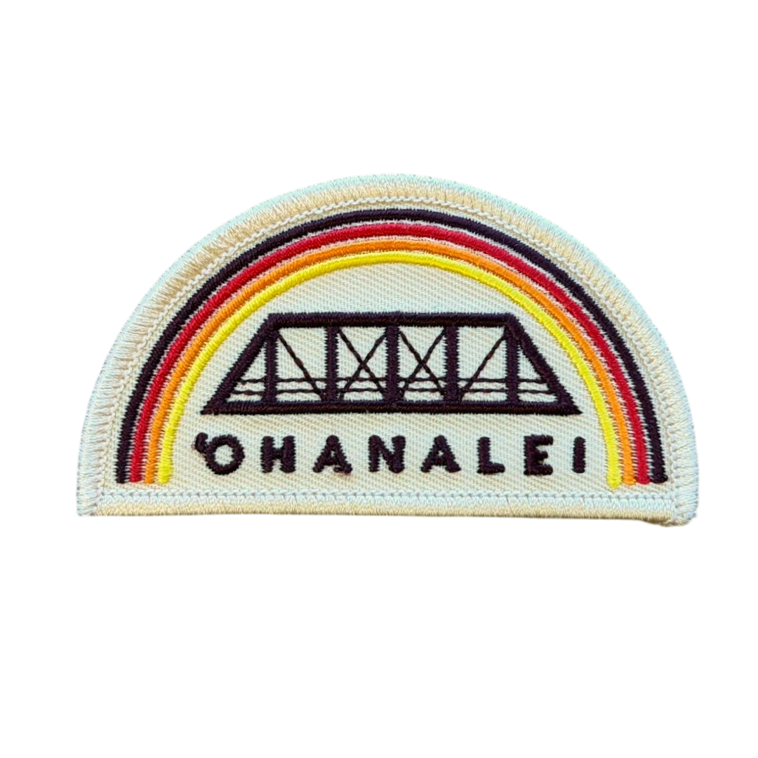 arch shaped embroidered patch with retro rainbow bridge design