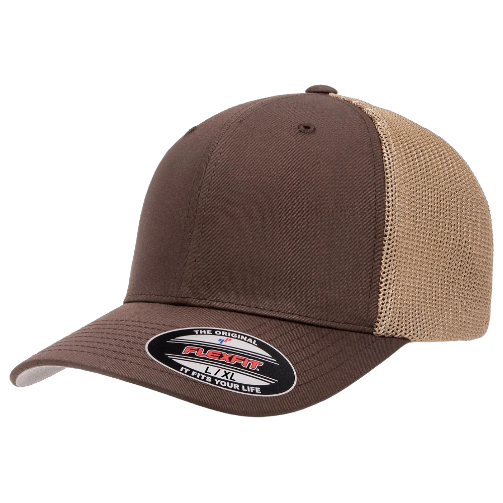 brown and khaki fitted mesh trucker hat, Flexfit 6511