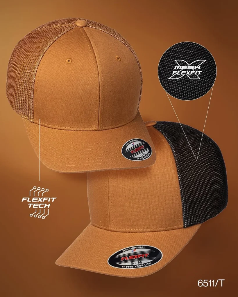two caramel Flexfit 6511 fitted mesh trucker hats showing stretch mesh back and closed fit