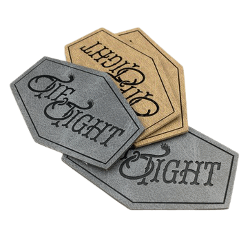 gray and tan hexagon faux leather patches with embossed text design