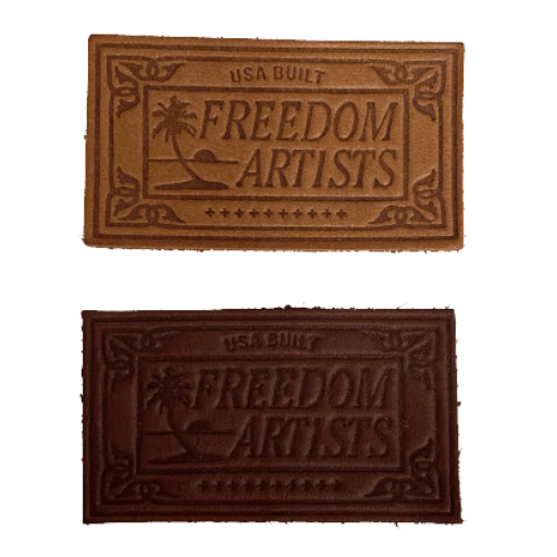 tan and dark brown leather patches with debossed beach logo design