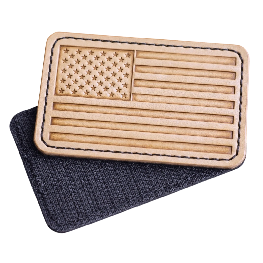 natural leather American flag patch with stitched border and hook and loop backing