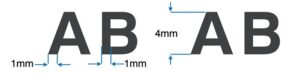 diagram showing minimum embroidered text size of 4mm height and 1mm column width