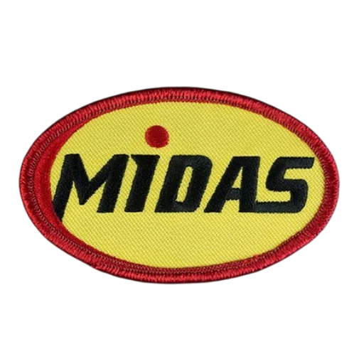 yellow oval embroidered patch with red merrow border and text logo