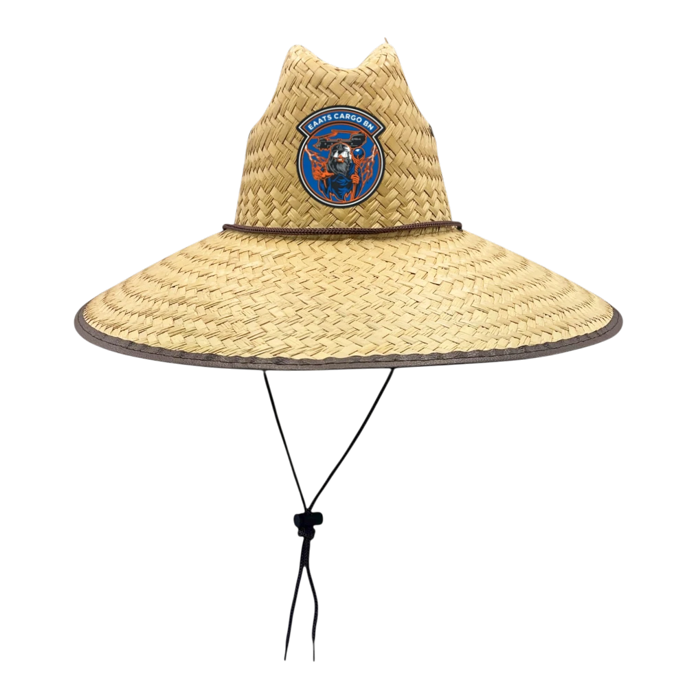 natural straw lifeguard hat with black trim brim and PVC patch, Peter Grimm Tato