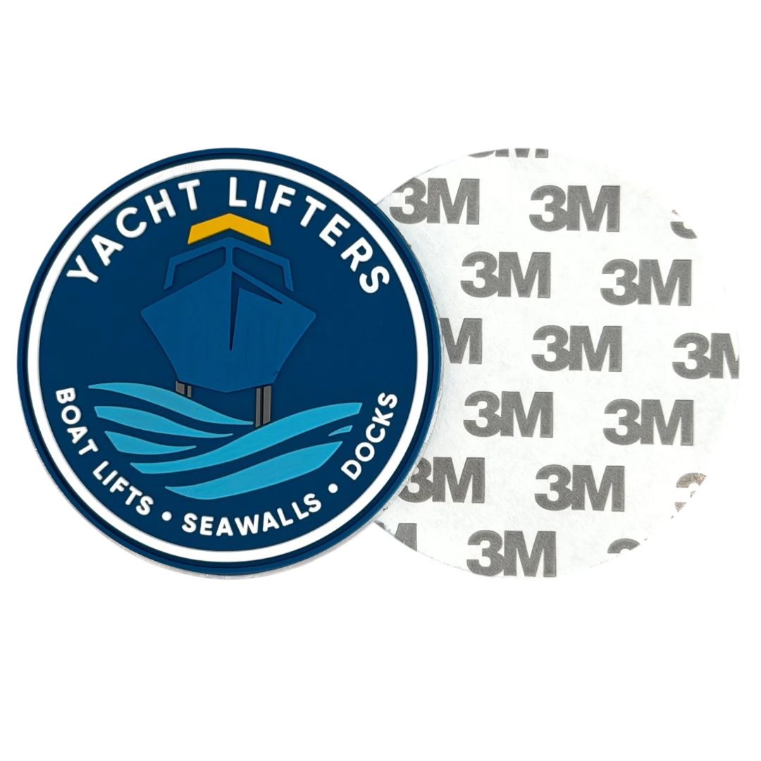 navy PVC circle patch shown with 3M adhesive backing