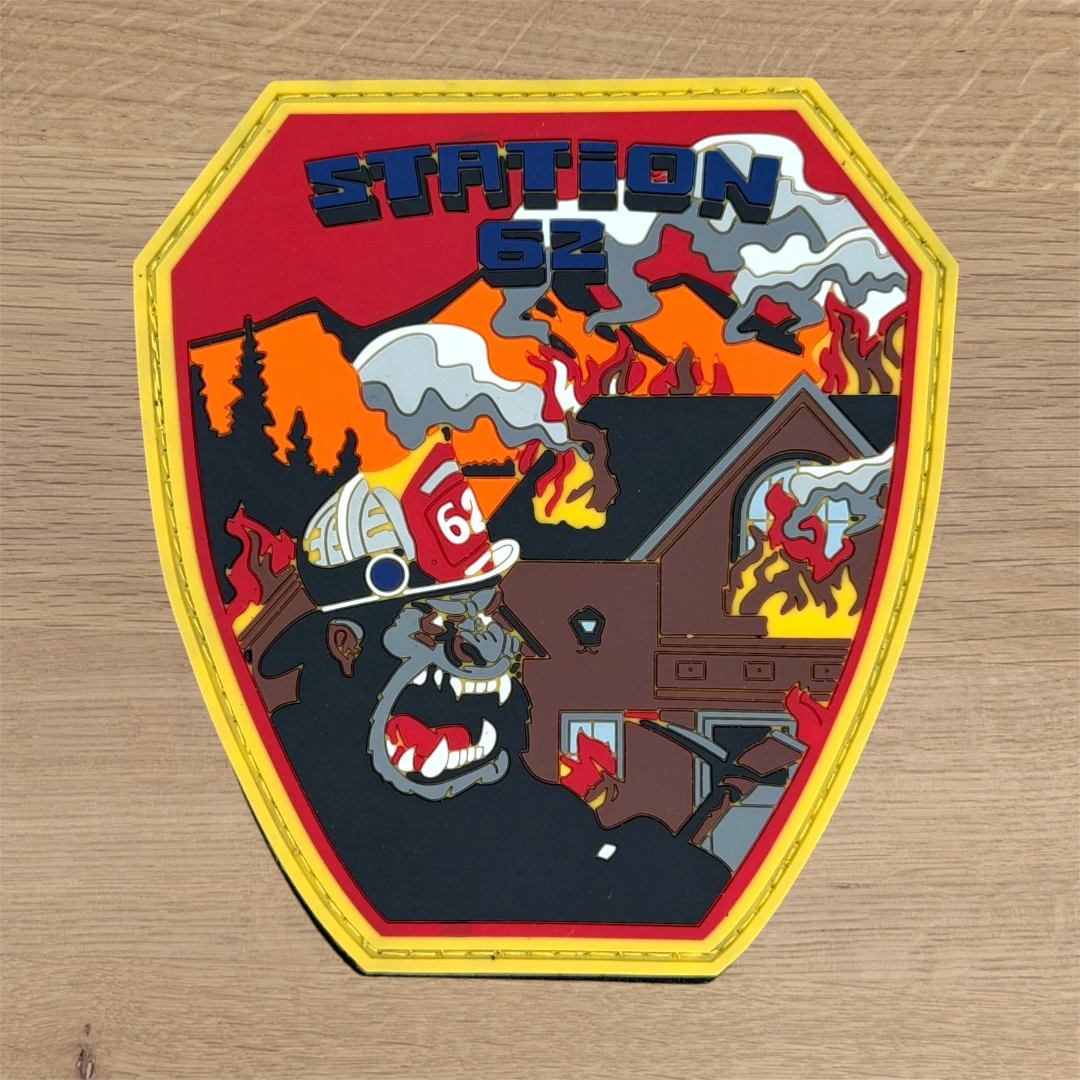 red PVC shield patch with fire station 62 emblem
