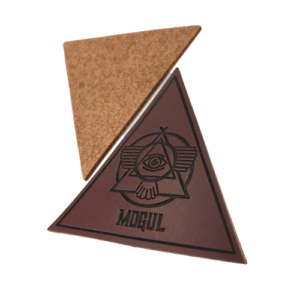 deep brown triangle leather patch with debossed emblem design