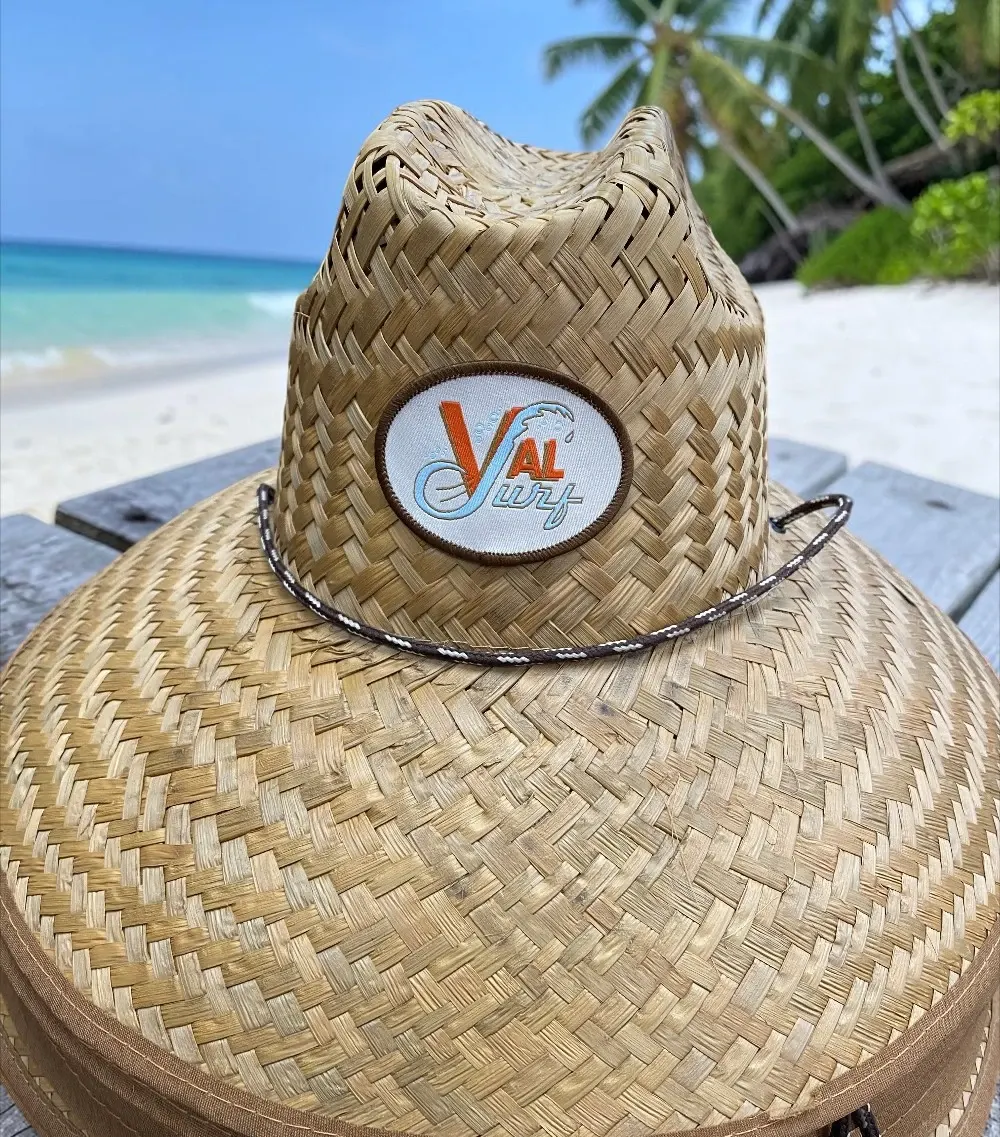 natural straw lifeguard hat with oval woven patch and two-tone rope