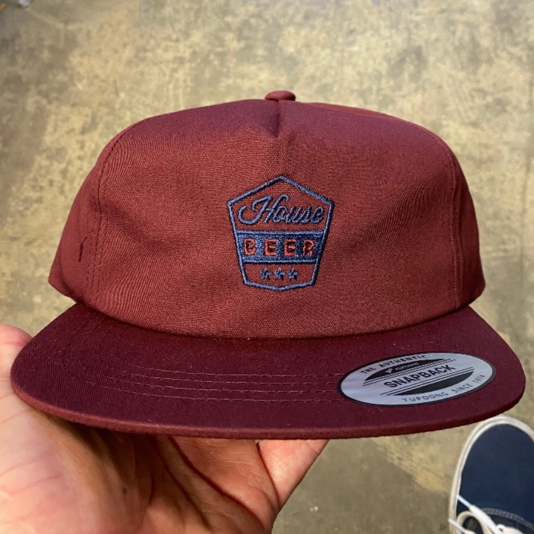 Burgundy Yupoong 6502 5-panel snapback with custom logo